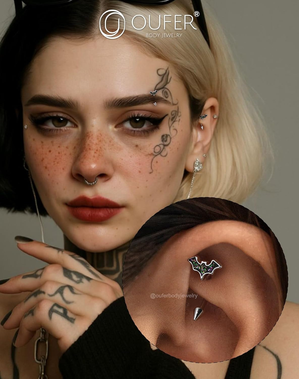 OUFER Bat Halloween Rook Piercing Jewelry, 316L Surgical Steel Eyebrow Piercing Jewelry, Multicolor Glitter Rook Earrings for Women, Hypoallergenic Eyebrow Rings, 16G 8Mm Curved Barbell