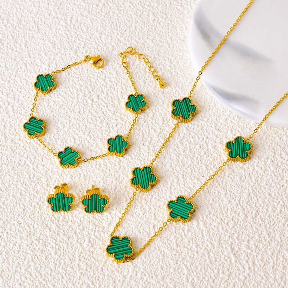 Lucky Clover Neckalce Earring Bracelet Set for Women Gold Plated Stainless Steel Chain Necklace with Flower Design Five Leaf Clover Earring Trendy Jewelry Set Gift