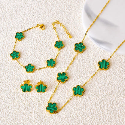 Lucky Clover Neckalce Earring Bracelet Set for Women Gold Plated Stainless Steel Chain Necklace with Flower Design Five Leaf Clover Earring Trendy Jewelry Set Gift