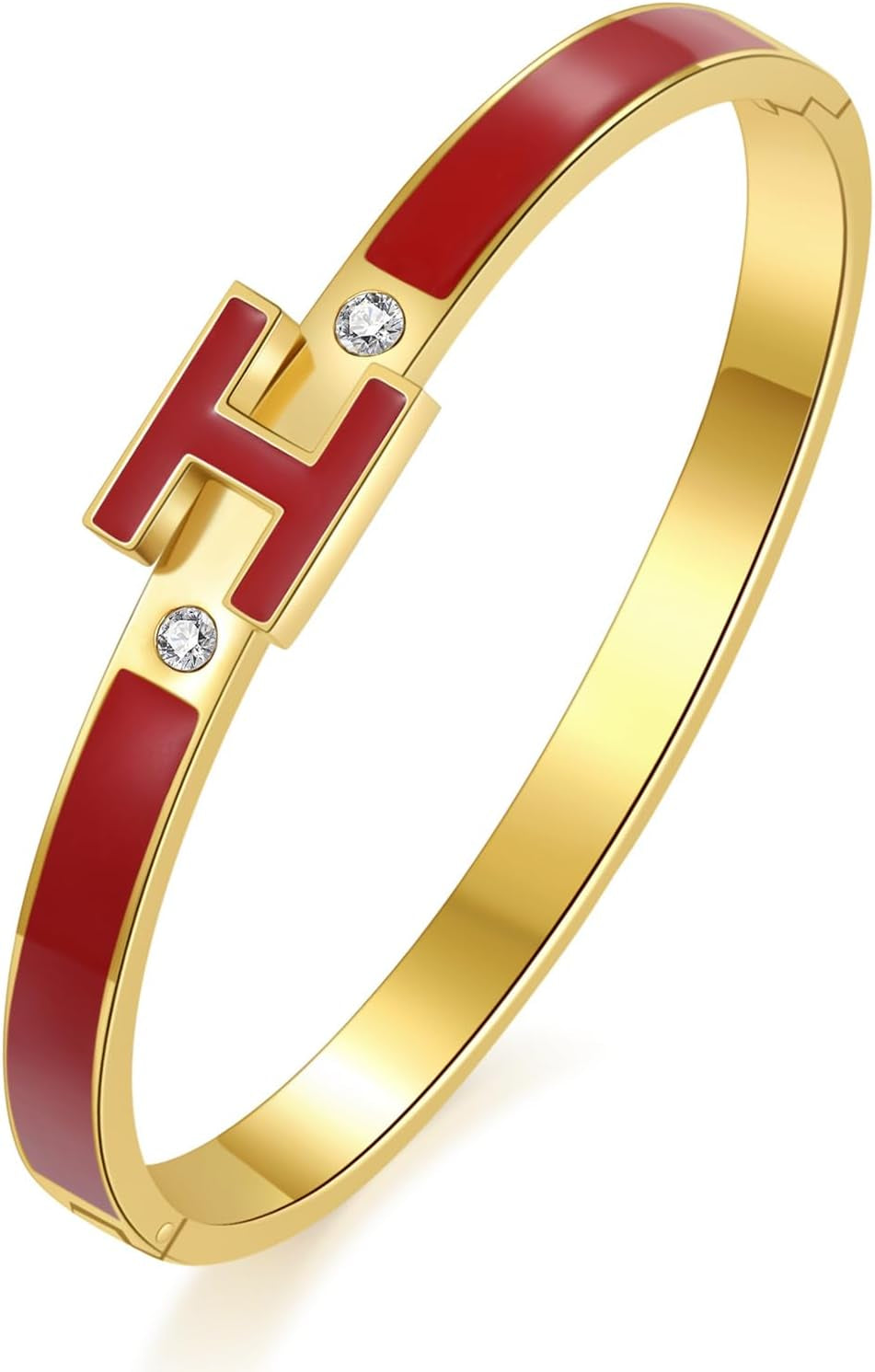 H Bracelet for Women - 18K Gold Plated Titanium Steel Cuff | Cubic Zirconia Bangle Jewelry Gift, Simple & Durable Everyday Wear (S/M/L Size)