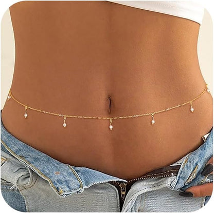 CHESKY 14K Gold Plated Silver Plated Waist Chain for Women, Layered Belly Belt Chains Beach Waist Beads Chain Waterproof Snake Cuban Body Chain Summer Jewelry Accessories for Women