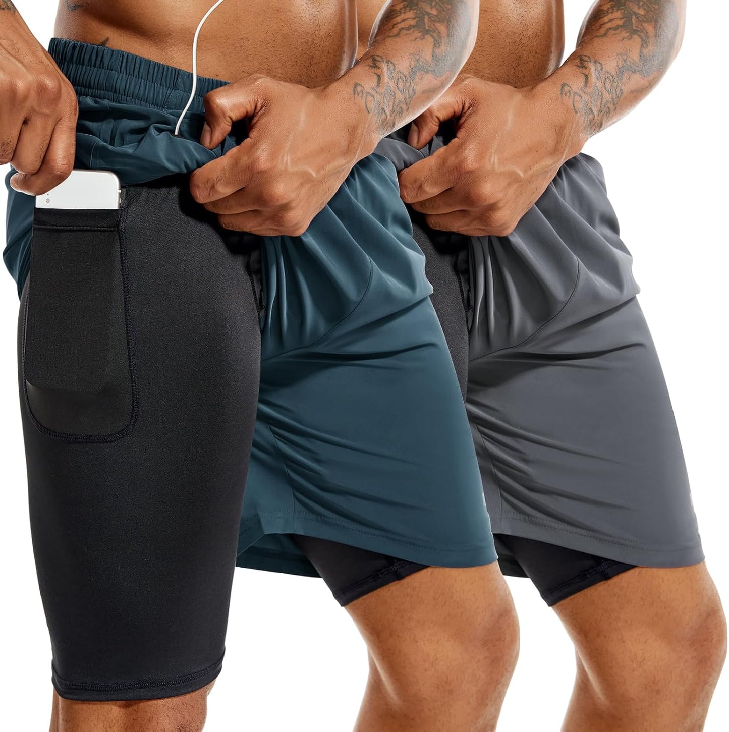 TENJOY Men'S 2 in 1 Running Shorts 5 in or 7 in Quick Dry Gym Athletic Workout Shorts for Men with Phone Pockets