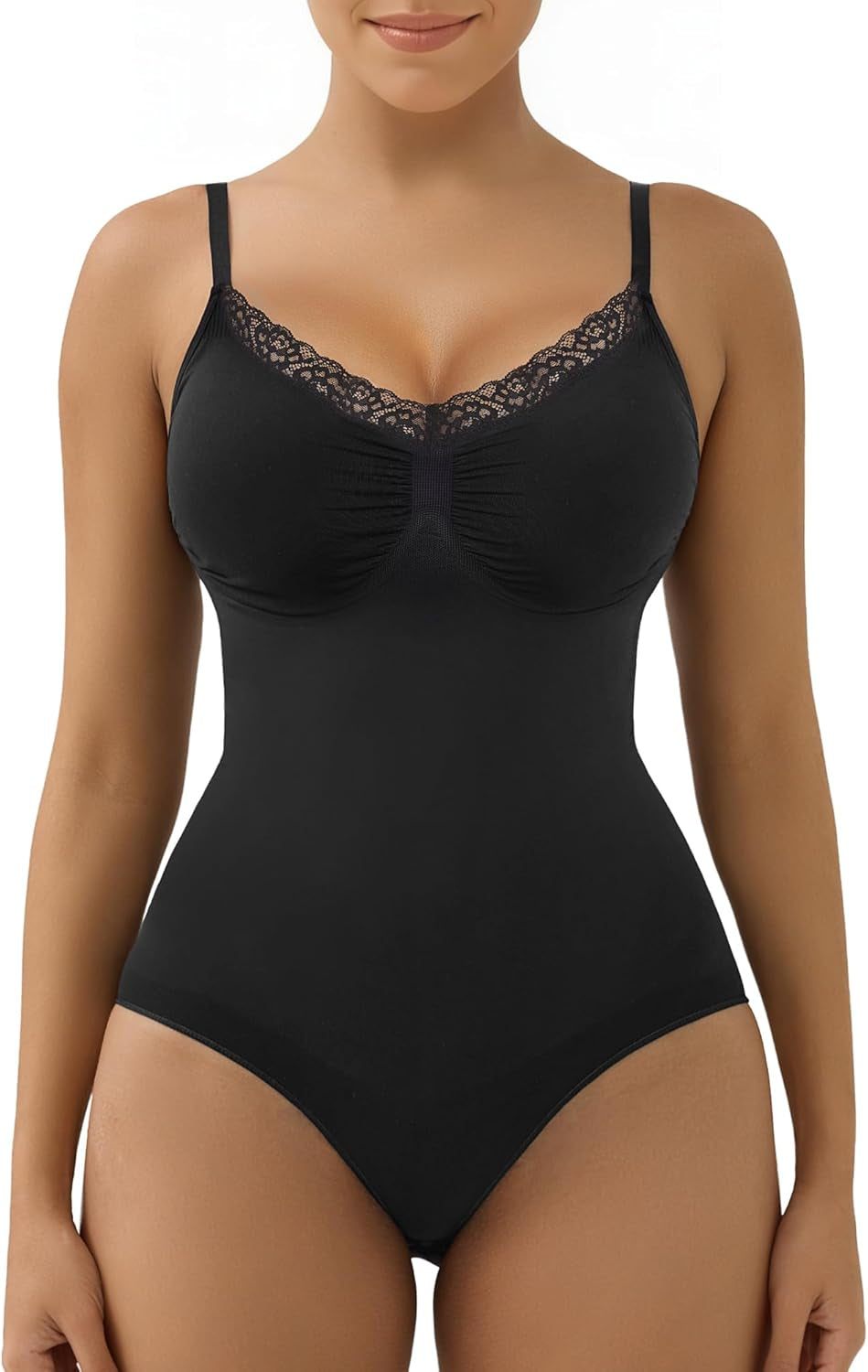 SHAPERX lace bodysuit shapewear front view showing tummy control panel