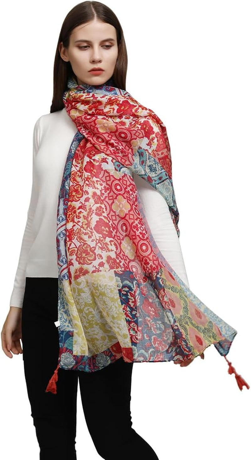 Yeieeo Boho Scarf for Women Lightweight Floral Printed Scarf Fall Winter Fashion Fringed Shawl