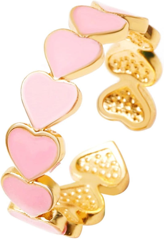 Colorful Enamel Heart Finger Ring Gold Silver Plated Sweet Pink Love Hearts Adjustable Open Promise Rings for Women Wedding Bridal Birthday Party Valentines Day Christmas Fashion Jewelry Gifts