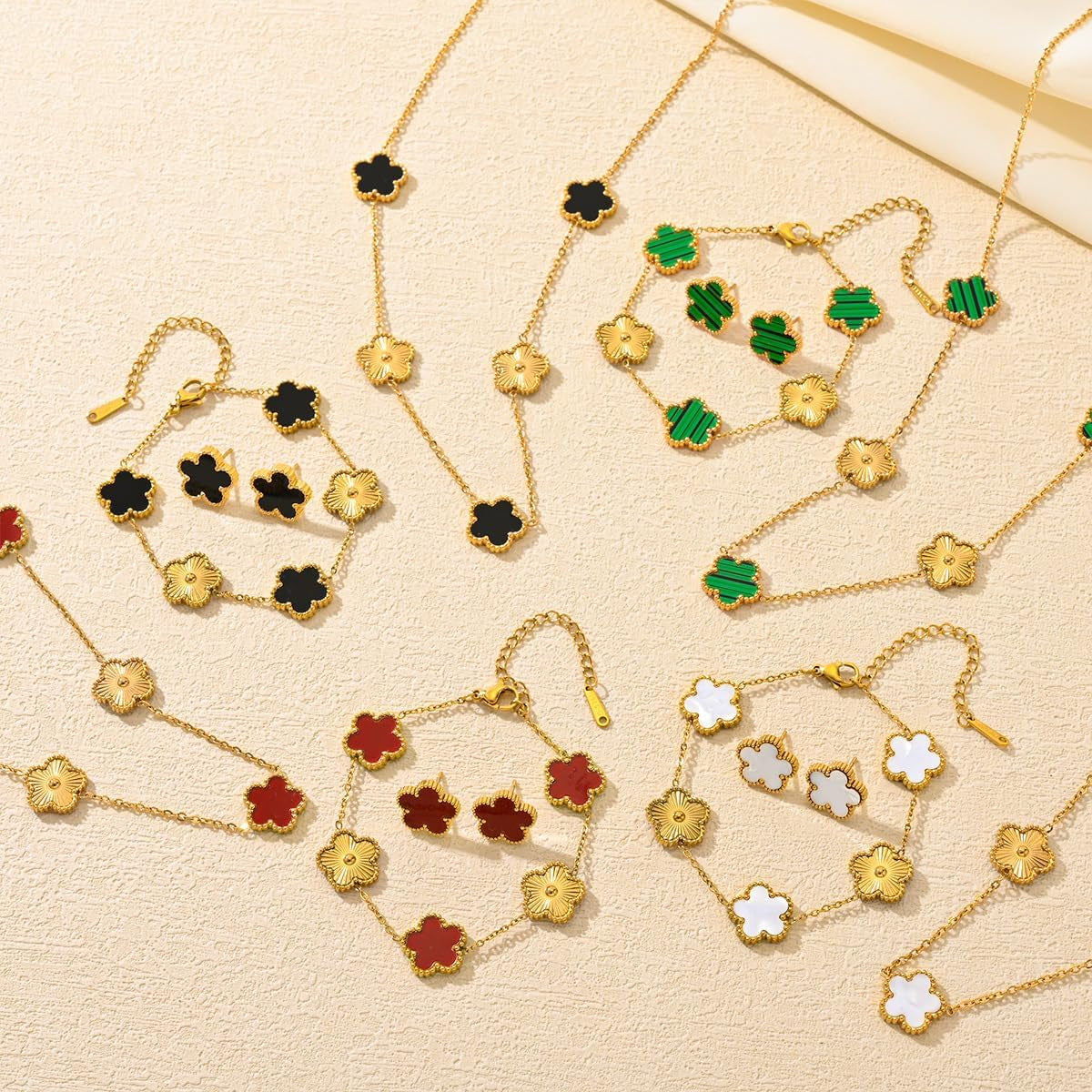 Lucky Clover Neckalce Earring Bracelet Set for Women Gold Plated Stainless Steel Chain Necklace with Flower Design Five Leaf Clover Earring Trendy Jewelry Set Gift