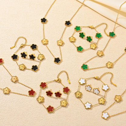 Lucky Clover Neckalce Earring Bracelet Set for Women Gold Plated Stainless Steel Chain Necklace with Flower Design Five Leaf Clover Earring Trendy Jewelry Set Gift