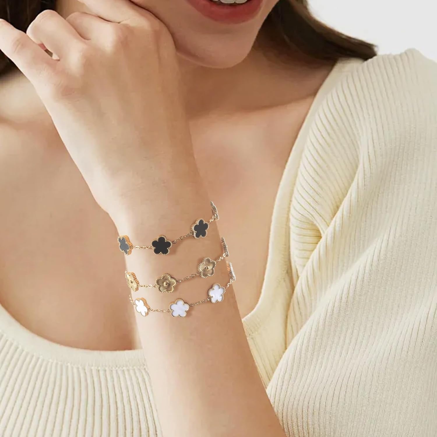 18K Gold Plated Clover Bracelet Set Dupes Bracelet for Women Flower Lucky Clover Bracelets Trendy Jewelry Birthday Gifts for Women/Mom/Friends/Besties/Sister