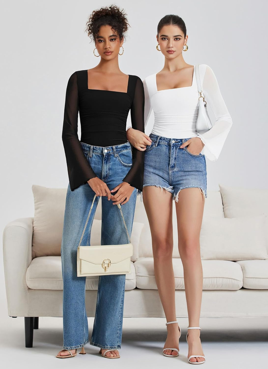Long sleeve mesh bodysuit flatlay product photography