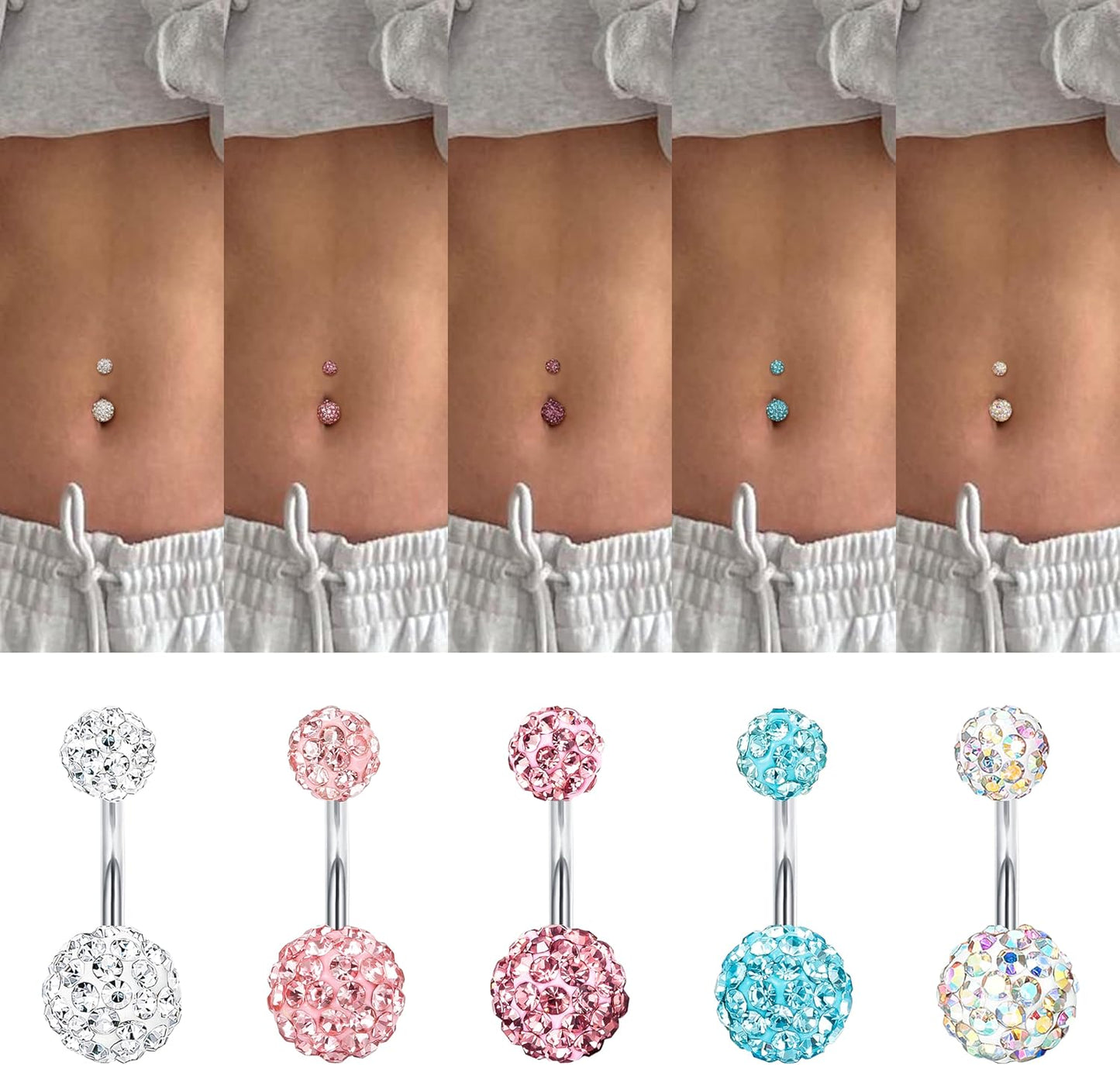 FIBO STEEL 5 Pcs 14G Stainless Steel Belly Button Rings Navel Barbell Body Jewelry Piercing