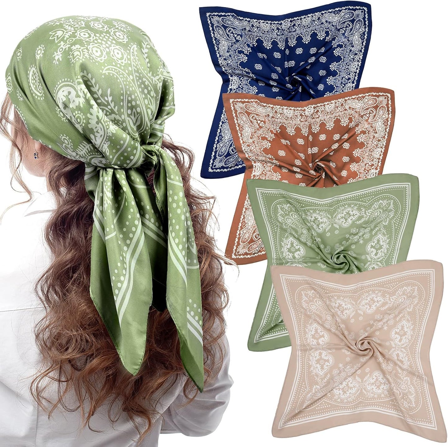 Syhood 4 Pcs 27'' Square Satin Head Scarves Satin Bandanas for Women Halloween Headband Silk Feeling Scarves Boho Headwear