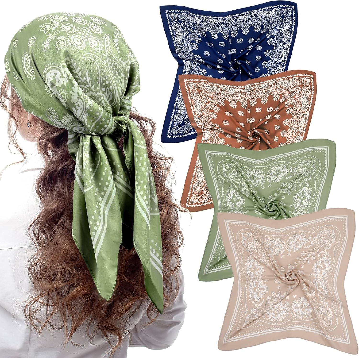 Syhood 4 Pcs 27'' Square Satin Head Scarves Satin Bandanas for Women Halloween Headband Silk Feeling Scarves Boho Headwear