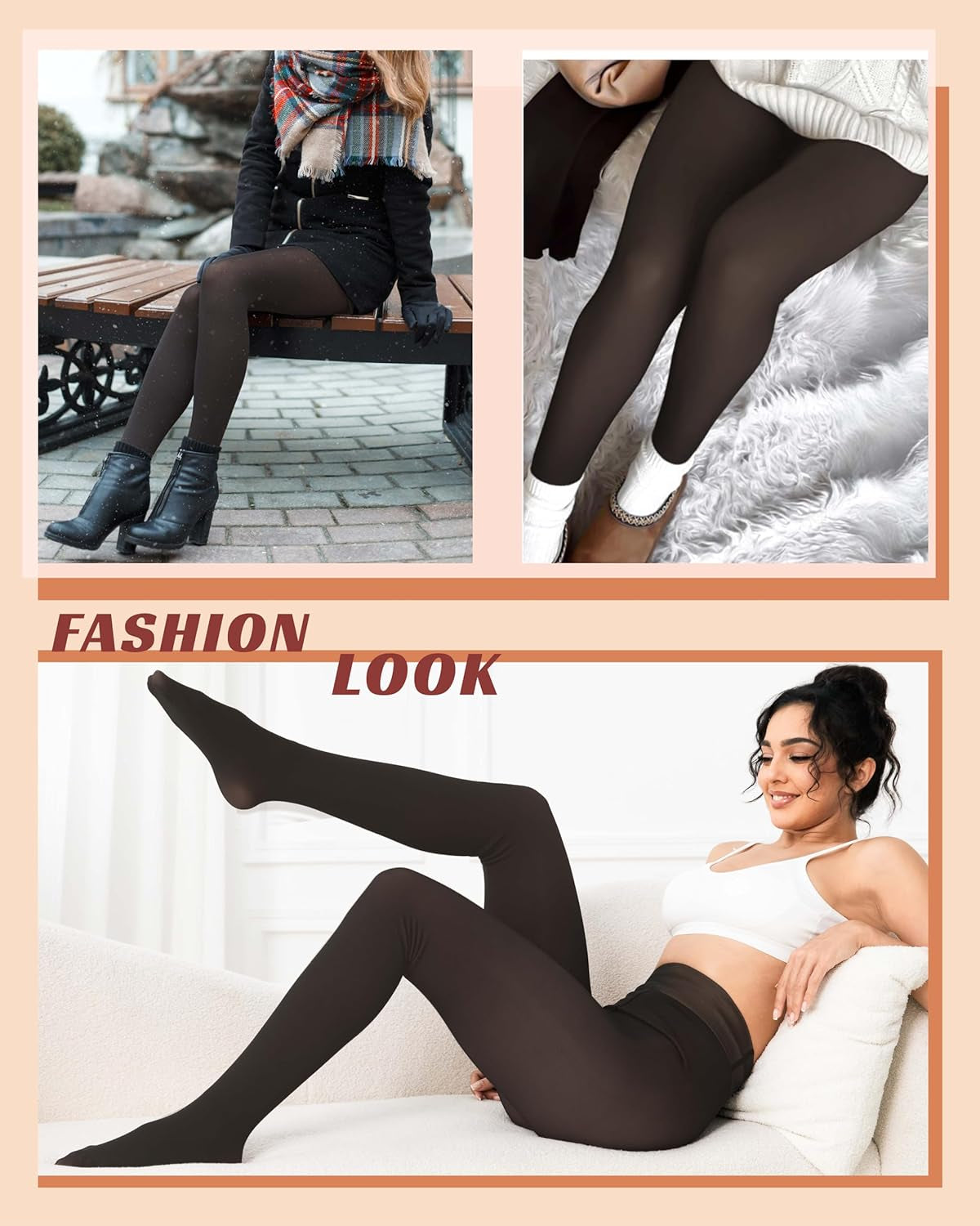 Winter outfit featuring translucent fleece tights with dress