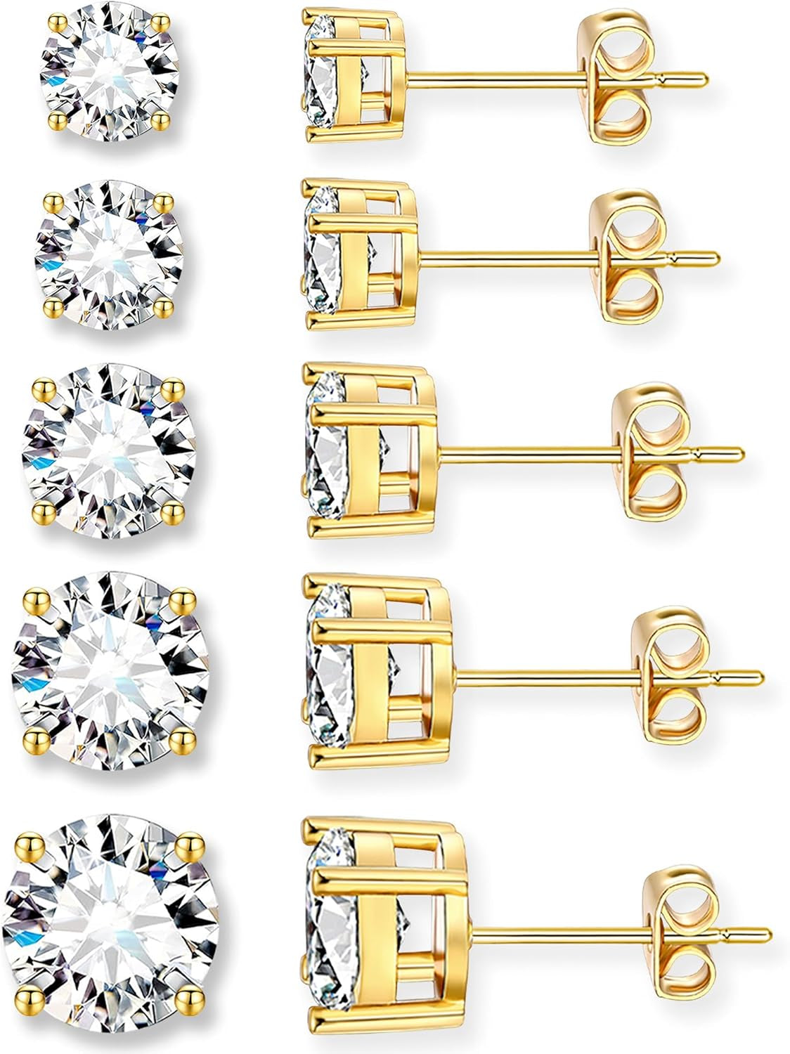 5 Pairs 14K Gold Plated Stud Earrings for Women, Hypoallergenic Earring Sets for Multiple Piercing, Premium Cubic Zirconia Studs Earrings for Women