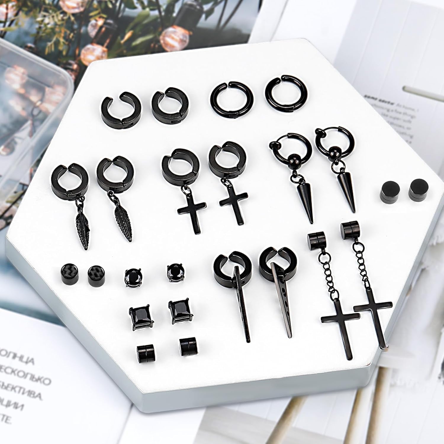 ONESING 12 Pairs Black Magnetic Earrings: Clip On, Hoop & Dangle Designs - Non-Piercing Set for Men & Women