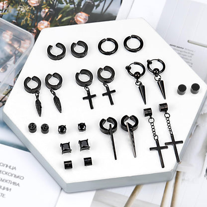 ONESING 12 Pairs Black Magnetic Earrings: Clip On, Hoop & Dangle Designs - Non-Piercing Set for Men & Women