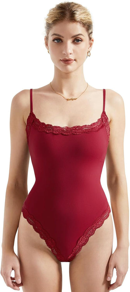 SUUKSESS Women Square Neck Lace Bodysuit Sleeveless Spaghetti Strap Tank Top