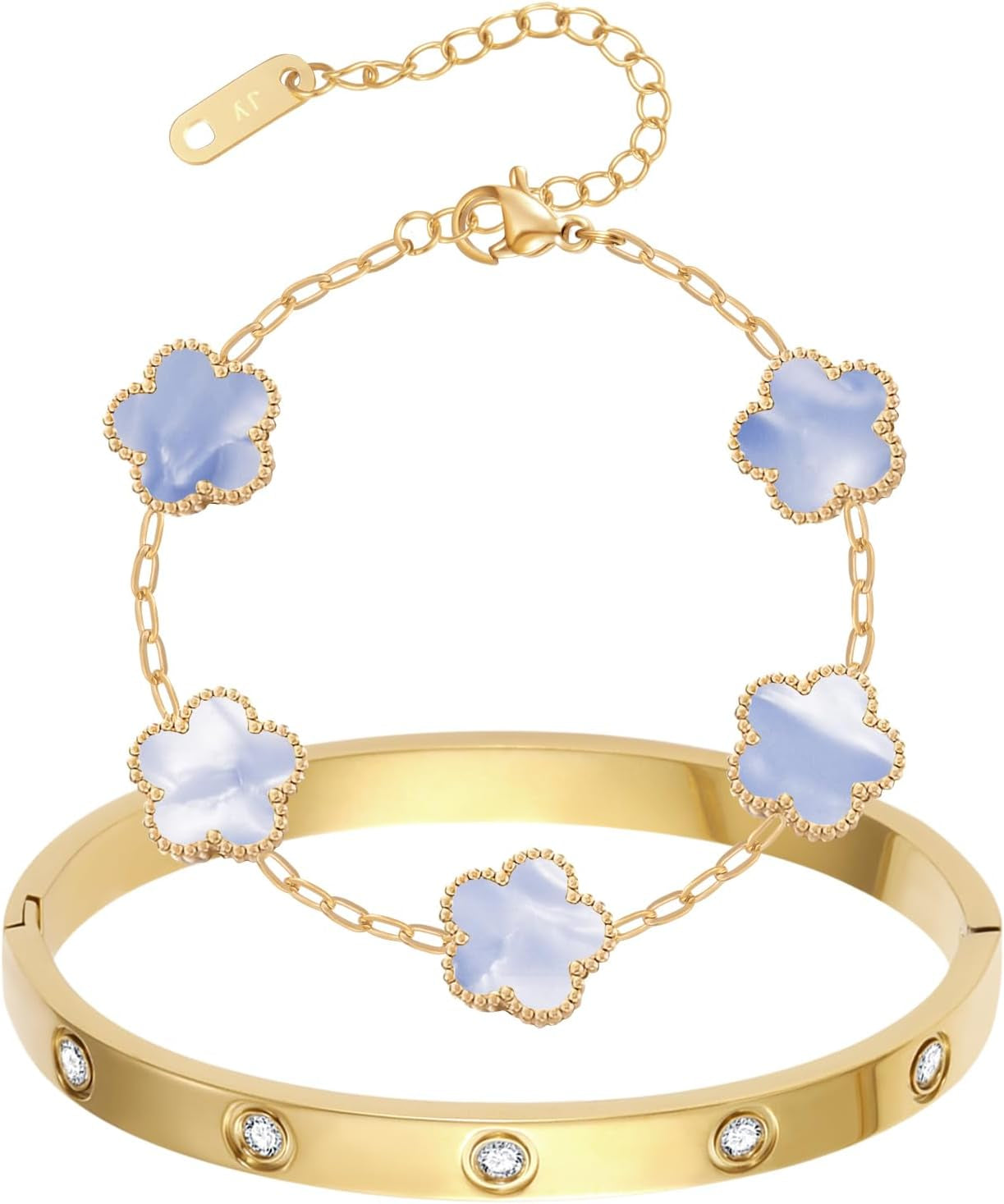 2Pcs Clover Bracelet Set for Women 18K Gold Plated Four Leaf Clover Bracelet Love Bangle Bracelet Stack Lucky Bracelets Gold Link Bracelets Trendy Jewelry Gift for Women Birthday Christmas