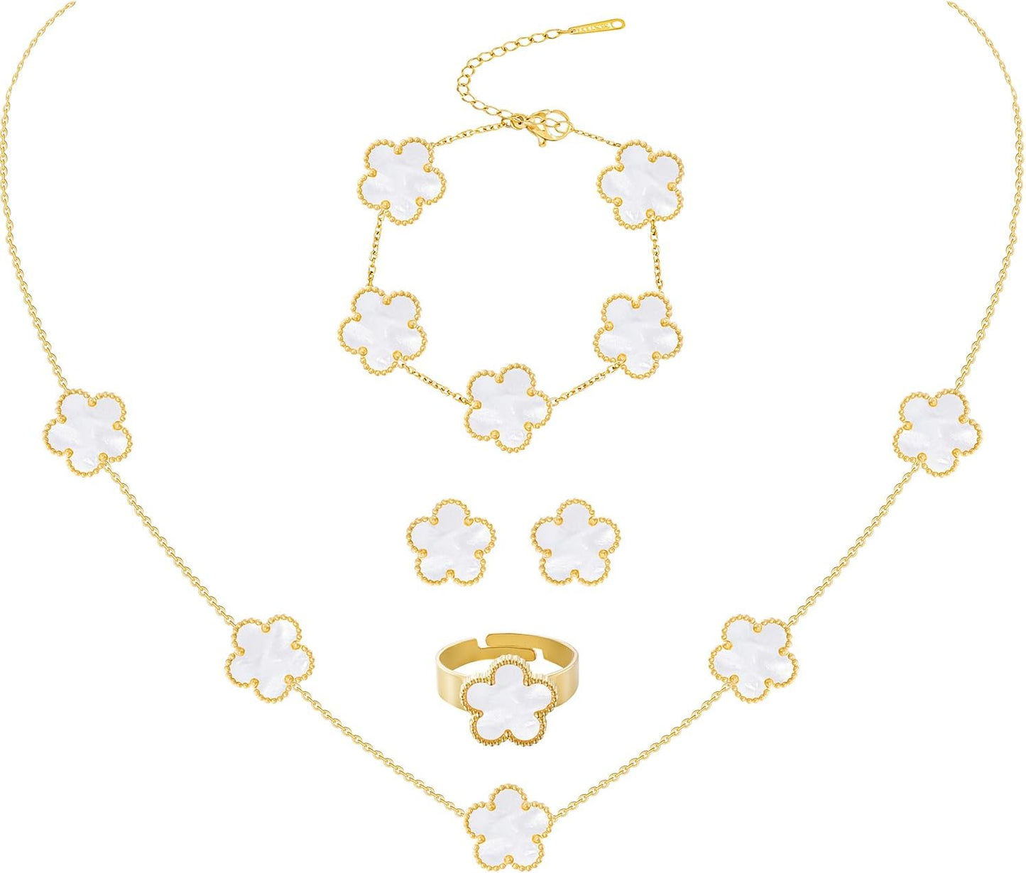 Gold Plated Stainless Steel Four Leaf Clover Bracelet Necklace Earrings and Ring Jewelry Set for Women