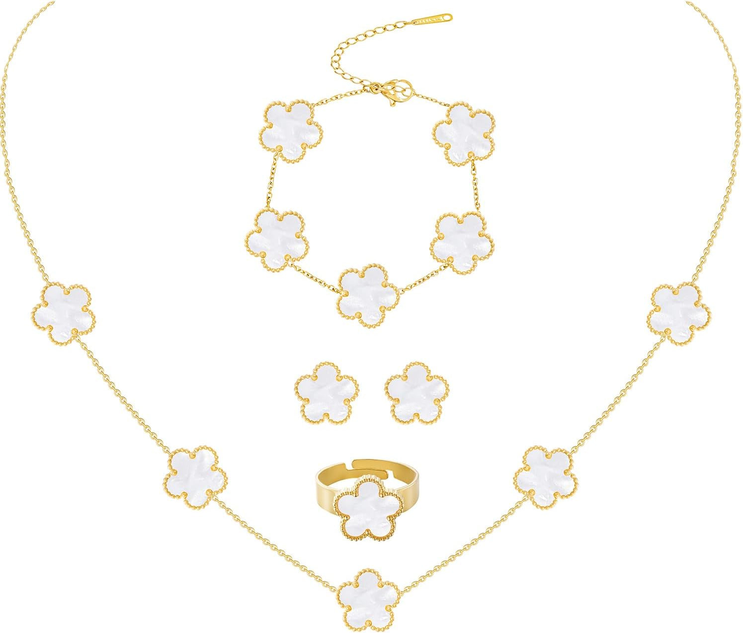 Gold Plated Stainless Steel Four Leaf Clover Bracelet Necklace Earrings and Ring Jewelry Set for Women