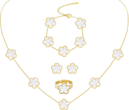 Gold Plated Stainless Steel Four Leaf Clover Bracelet Necklace Earrings and Ring Jewelry Set for Women