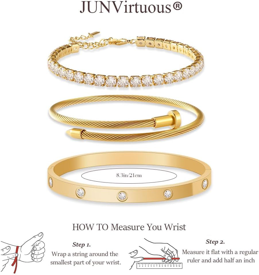 Junvirtuous 3-Pack Gold Bracelets for Women,18K Gold Plated Bangle Tennis Bracelets Stack Set for Women Trendy Non Tarnish Stainless Steel Gold Bangles Accessories Designer Jewelry Pulseras Para Mujer