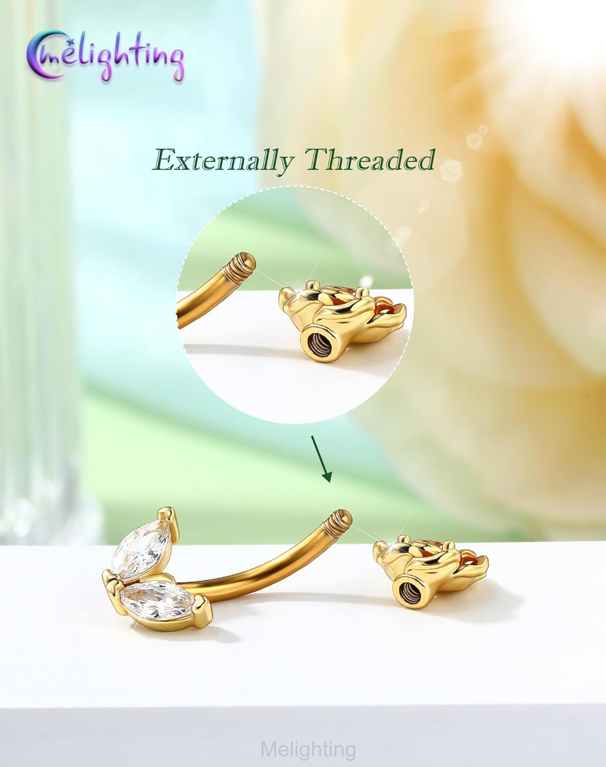 Melighting 14G Flower Belly Button Ring, 316L Surgical Steel Marquise CZ Belly Rings, Gold Navel Piercing Barbell, 10 Mm Silver Body Jewellery for Women