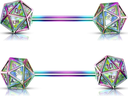 OUFER 2PCS Icosahedron Dice Nipple Rings, 14G 316L Surgical Steel Nipple Barbells, Nipple Jewelry for Women