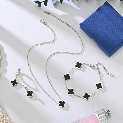 18K Gold Plated Lucky Clover Jewelry Set Black White and Red Four Leaf Clove Bracelet Necklace and Earrings Fashion Birthday Gifts for Women