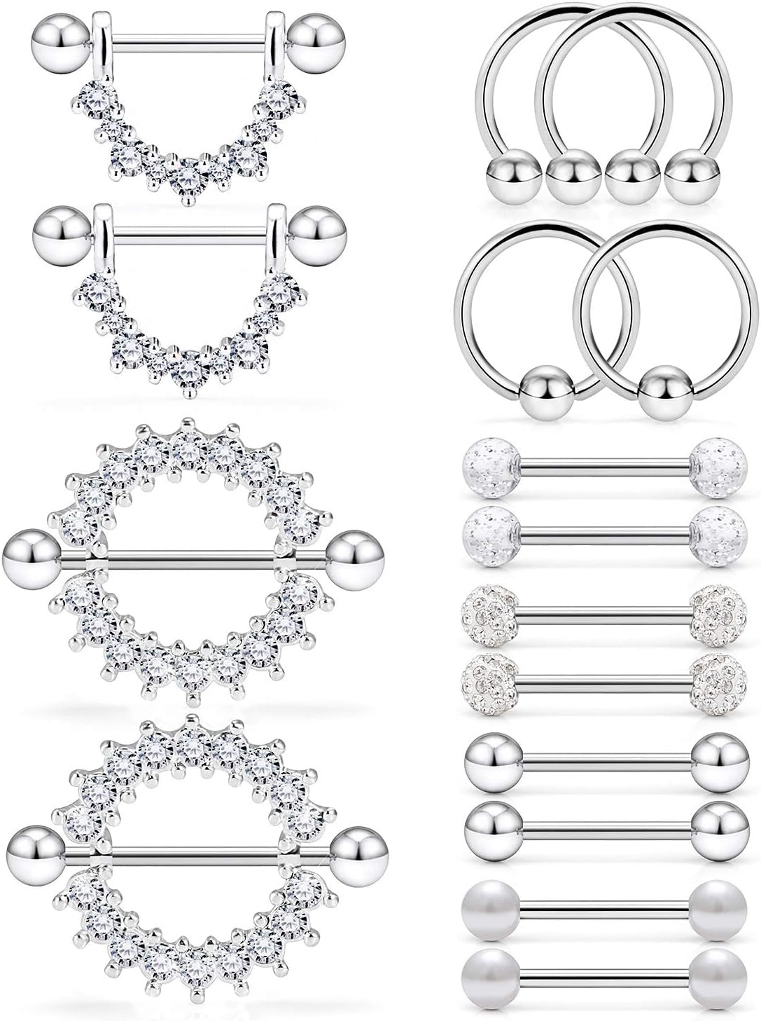 Ruifan 16G 9/16Inch Crystal Ball Nipple Tongue Tongue Shield Rings Stainless Steel Straight Barbell Body Piercing Jewelry Retainer