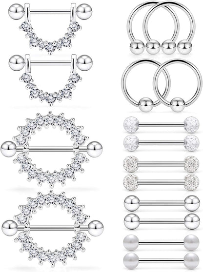 Ruifan 16G 9/16Inch Crystal Ball Nipple Tongue Tongue Shield Rings Stainless Steel Straight Barbell Body Piercing Jewelry Retainer