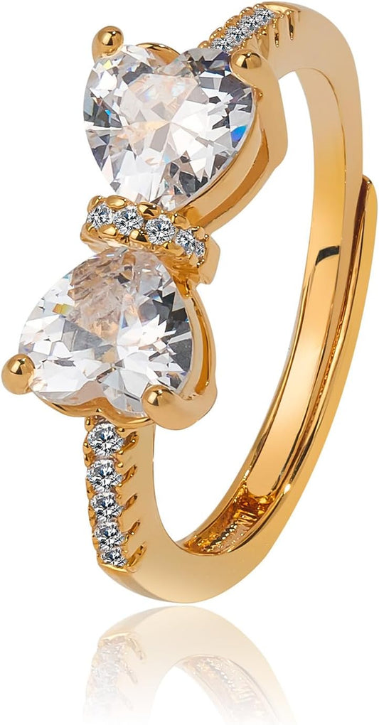 Double heart cubic zirconia engagement ring with open adjustable band