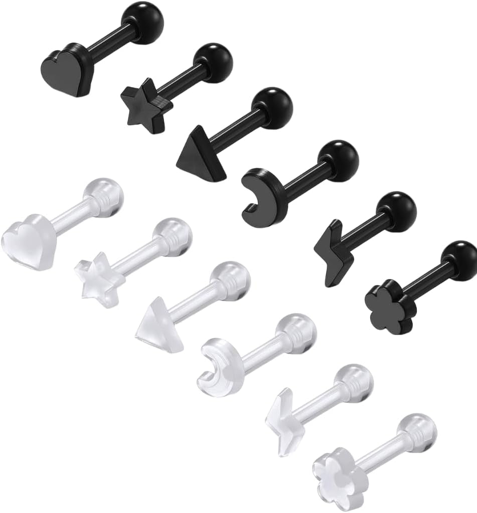 Piercingj Clear Acrylic Cartilage Earrings 16G Plastic Tongue Tragus Ring Cute Heart Star Nose Lip Stud Barbell Black Helix Piercing Retainer for Sports Surgery Work