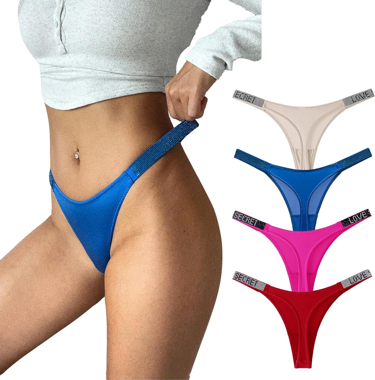Flat lay of five cotton thongs from Meshal women's underwear line