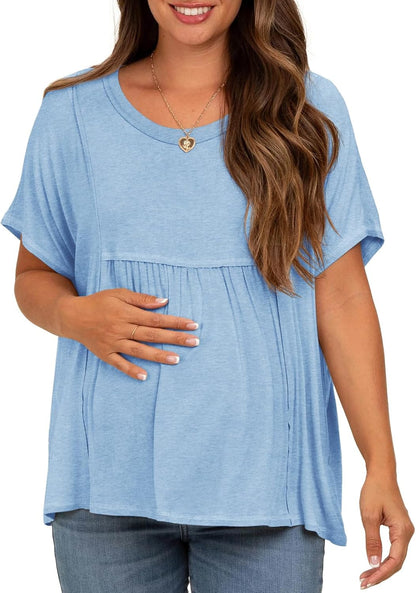 Tankaneo Womens Maternity Tops Summer Batwing Short Sleeve Casual T Shirts Oversized Pleated Pregnancy Clothes