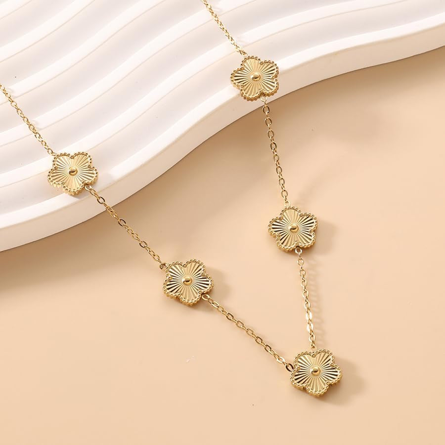 Lucky Clover Necklace Jewelry Sets,18K Gold Plated Flower Design Five Leaf Bracelet,Clover Necklace Pendant,Clover Earrings for Women Lucky, 4 Leaf Clover Necklace