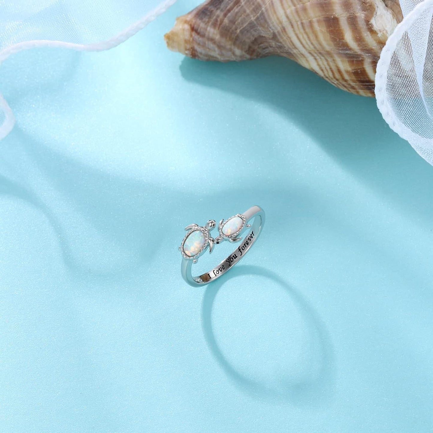 925-Sterling-Silver Opal/Turquoise Sea Turtle/Dolphin/Sea Life Ring - Inspirational I Love You Forever Adjustable Open Nature Ocean Mother Daughter Ring Cute Animal Jewelry Gifts for Women