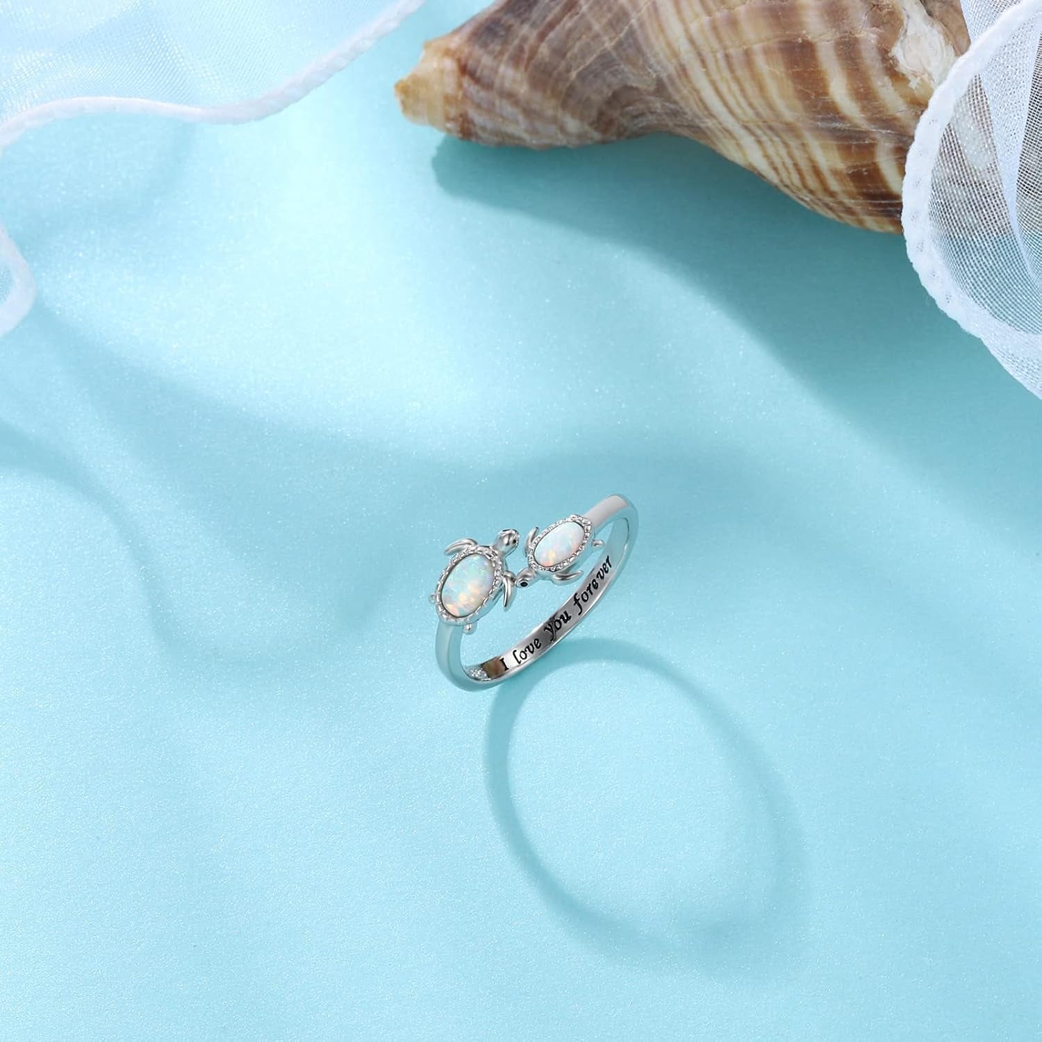 925-Sterling-Silver Opal/Turquoise Sea Turtle/Dolphin/Sea Life Ring - Inspirational I Love You Forever Adjustable Open Nature Ocean Mother Daughter Ring Cute Animal Jewelry Gifts for Women