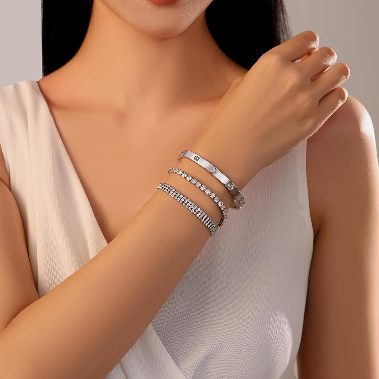 18K Gold Plated Love Bangle Bracelet Set Cubic Zirconia Classic Stainless Steel Adjustable CZ Gold,Silvery,Colorful CZ Love Bracelets Stack for Women