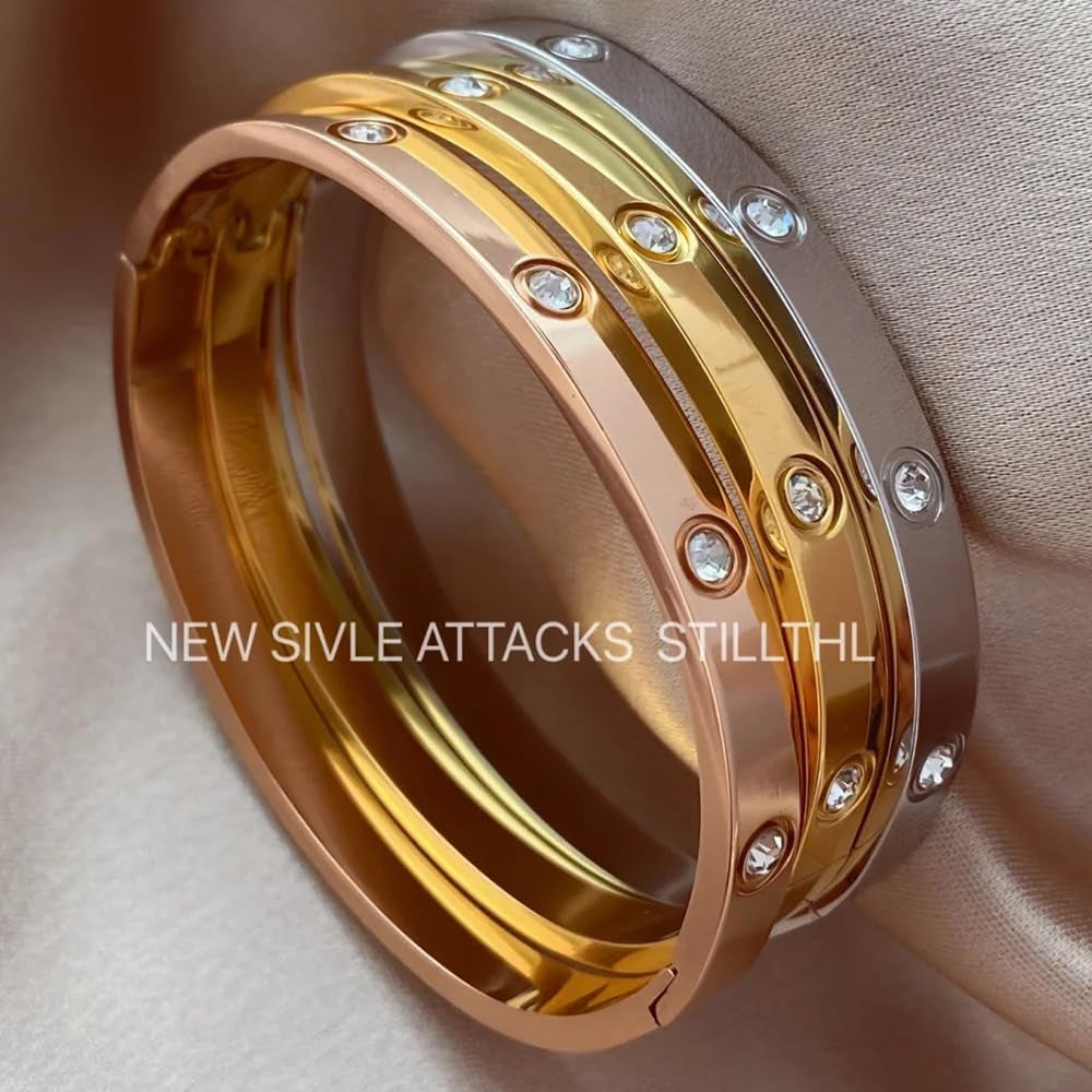 18K Gold Plated Crystal Bracelet Set 4PCS Sister Trio Love Bangle, Silver/Steel/Rose Gold & Adjustable Jewelry