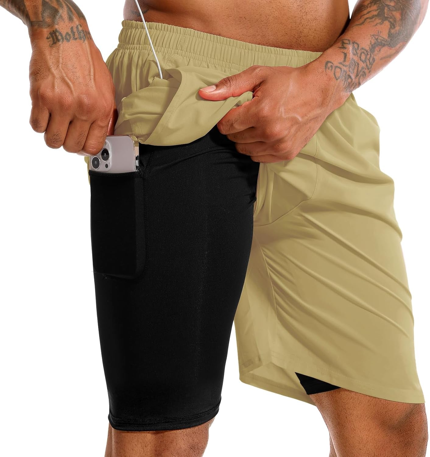 TENJOY Men'S 2 in 1 Running Shorts 5 in or 7 in Quick Dry Gym Athletic Workout Shorts for Men with Phone Pockets