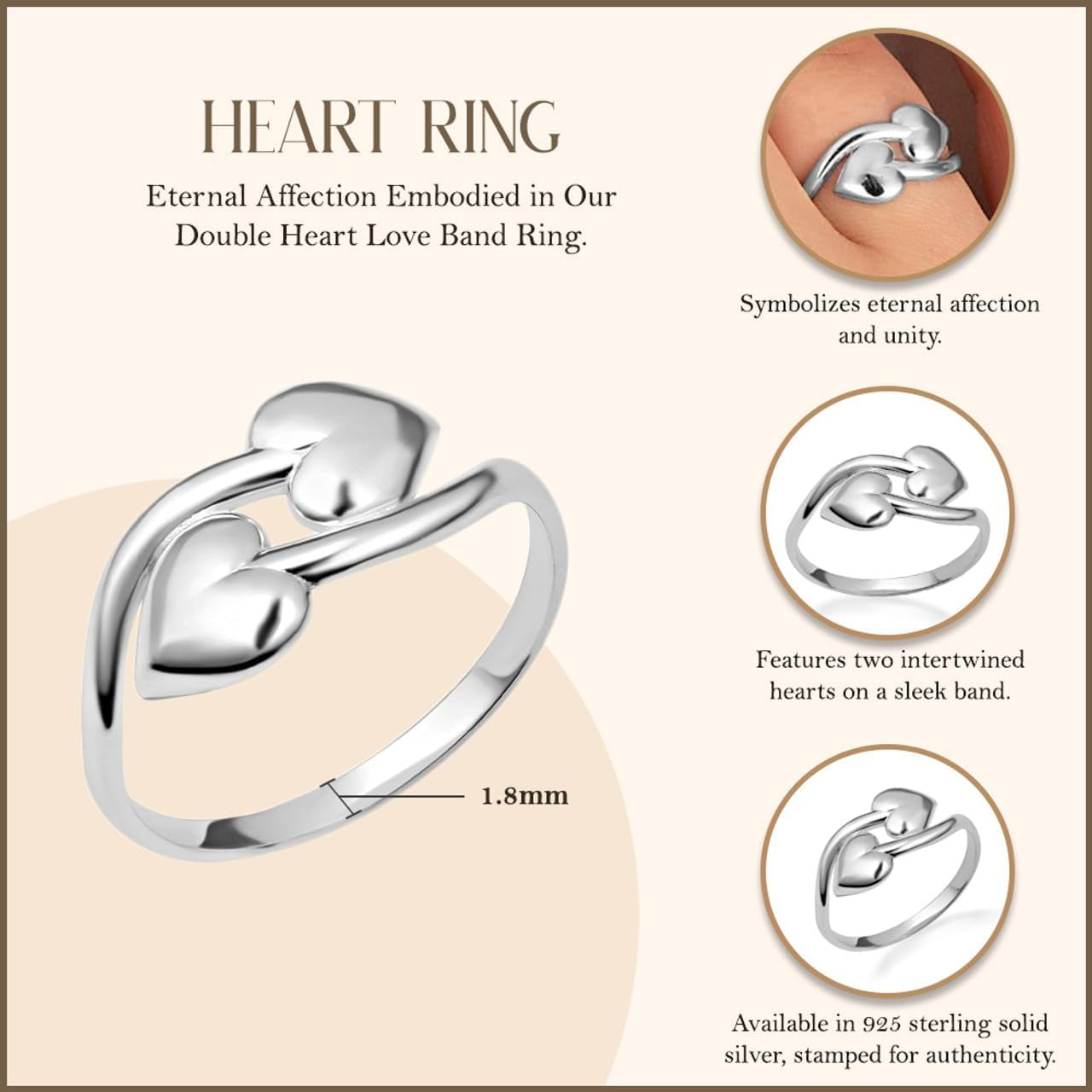 .925 Sterling Silver Double Heart Love Band Ring with Multiple Ring Size