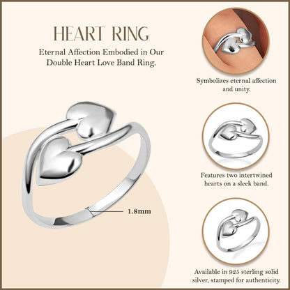 .925 Sterling Silver Double Heart Love Band Ring with Multiple Ring Size