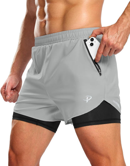 Pudolla Men'S 2 in 1 Workout Running Shorts 5" with Zipper Phone Pockets Quick Dry Gym Athletic Shorts with Compression Liner