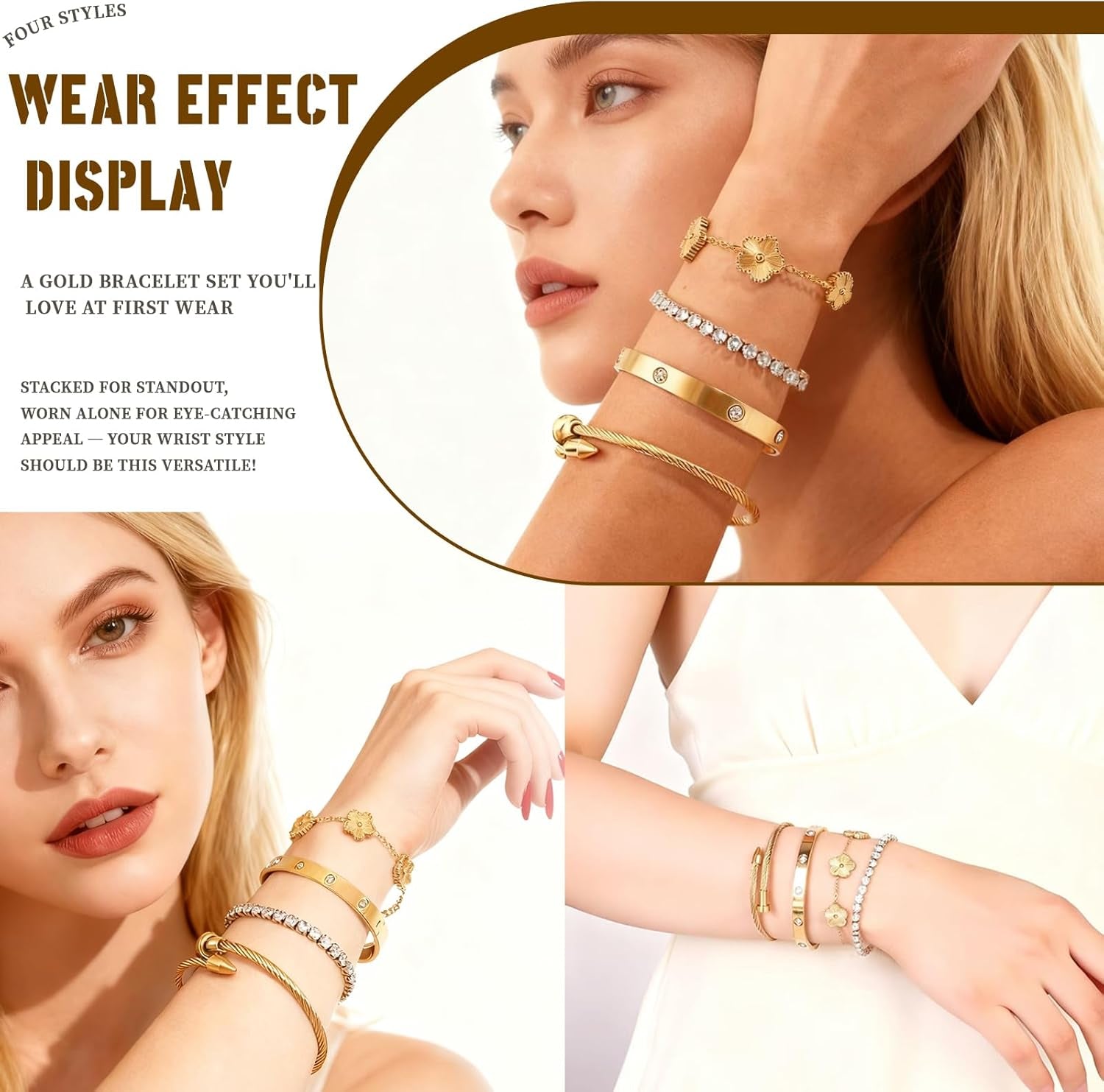 4PCS Women'S Stackable Floral Bracelets Set, 18K Gold Plated Clover & Tennis & Nail & Love Bangle Bracelets,Adjustable Trendy Jewelry, Gifts for Mother'S Day, Birthday Gifts for Girlfriend