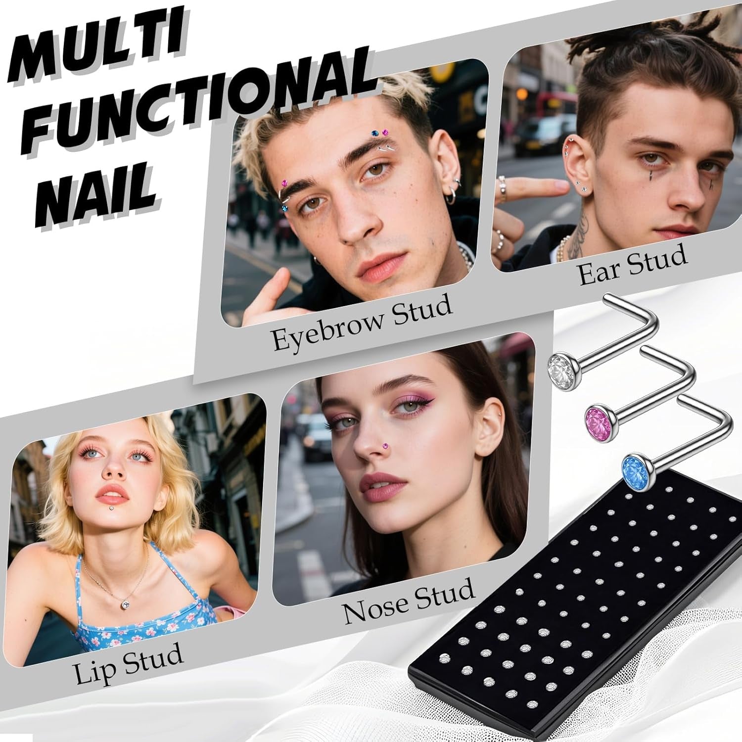 SMUOBT 120Pcs 22G L Shaped Stainless Steel Nose Studs Rings Piercing Pin Body Jewelry 1.5Mm 2Mm 2.5Mm a Set White and Colour