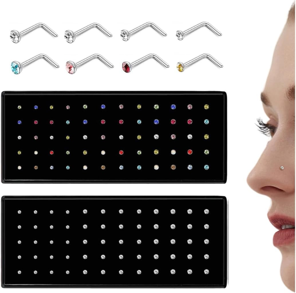 THUNARAZ Straight L Shaped Stainless Steel Nose Studs Rings Piercing Pin Body Jewelry 20G-22G 1.5Mm 2Mm 2.5Mm