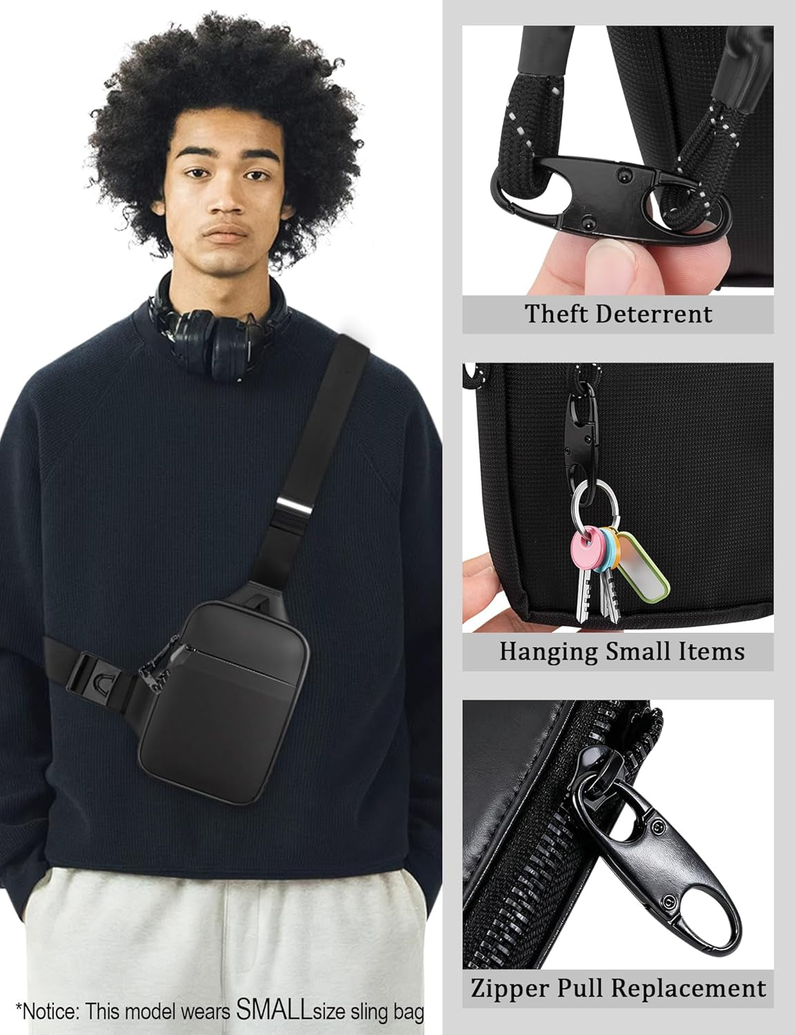 Small water-resistant chest bag with dual pocket design detail