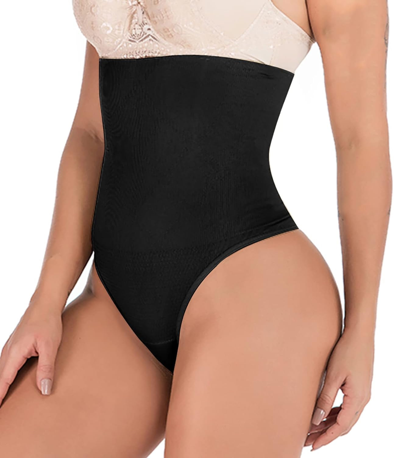 Hioffer 328 seamless thong shapewear in black front view on model