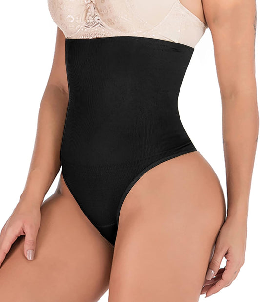 Hioffer 328 seamless thong shapewear in black front view on model